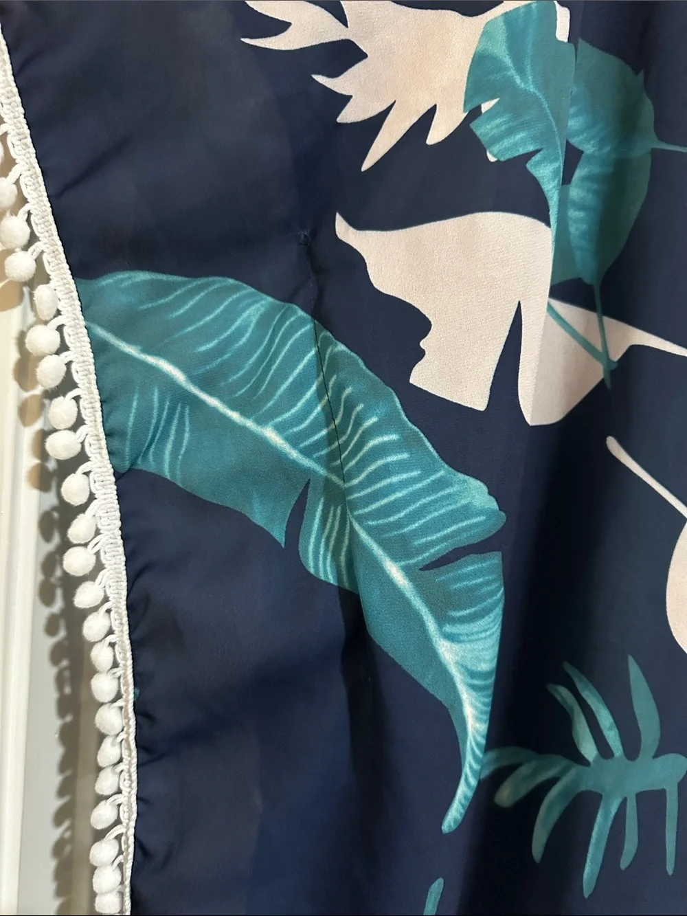 ADREAMLY Tropical Leaf Pom Pom Kimono Cover Up, Navy & Teal, Boho Beach